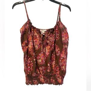 6‎ Degrees Floral Tank with Smocked Waistline Brown Pink Women’s Large